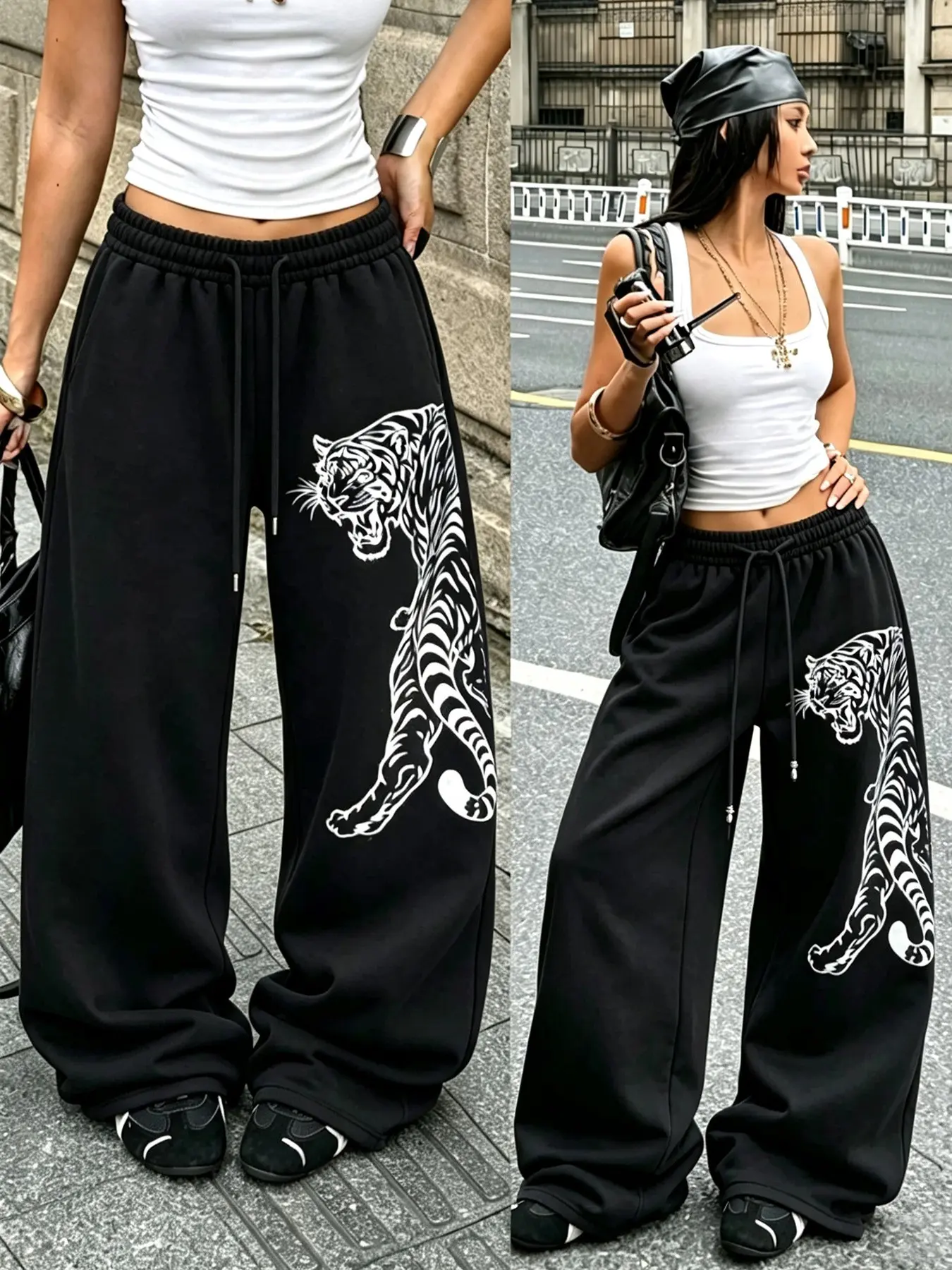 Unisex Black Tiger Print Wide Leg Pants, Y2K Loose Fit Oversized Sweatpants with Adjustable Drawstring Elastic Waist, Statement Streetwear Bottoms for Festival, Travel and Weekend Outfits