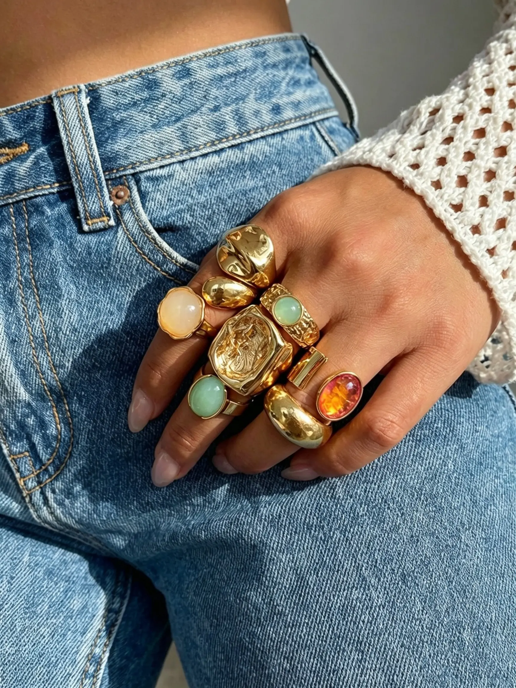 Trendy vintage 7pcs chunky open ring set, multi-color natural stone stackable finger jewelry, irregular sculpted metal statement rings, eye-catching festival & nightclub accessory, all-match everyday boho style rings, thoughtful gift for women