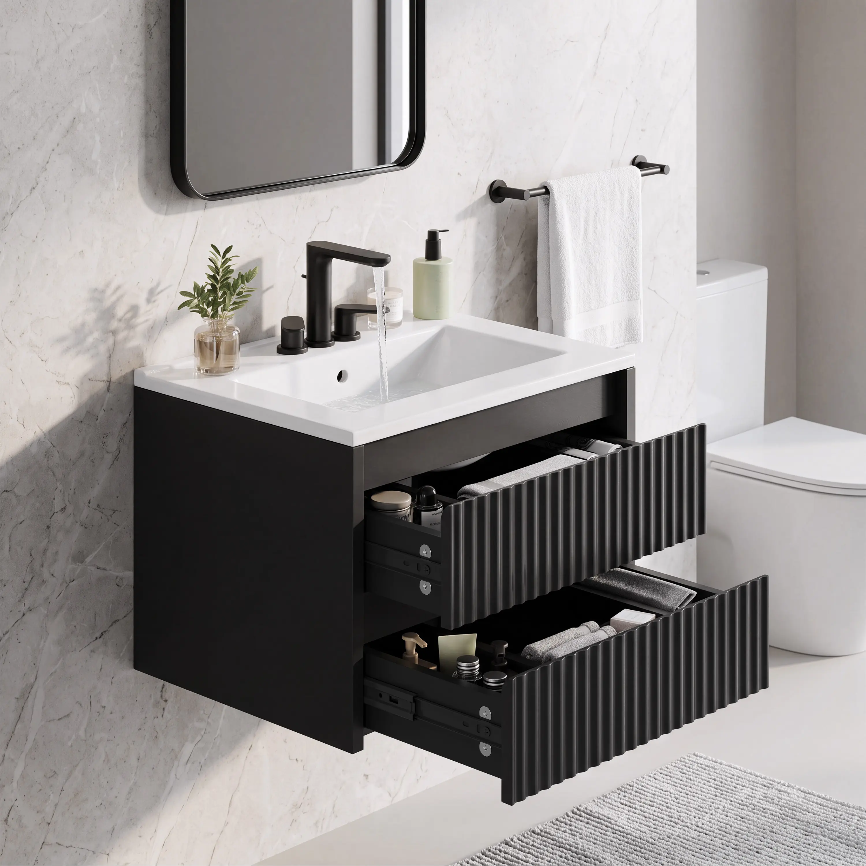 24" Floating Bathroom Vanity with White Ceramic basin – 2-Drawer Wall Mounted Cabinet, Waterproof PVC, 8" or 4" 3-Hole Pre-Drilled, White