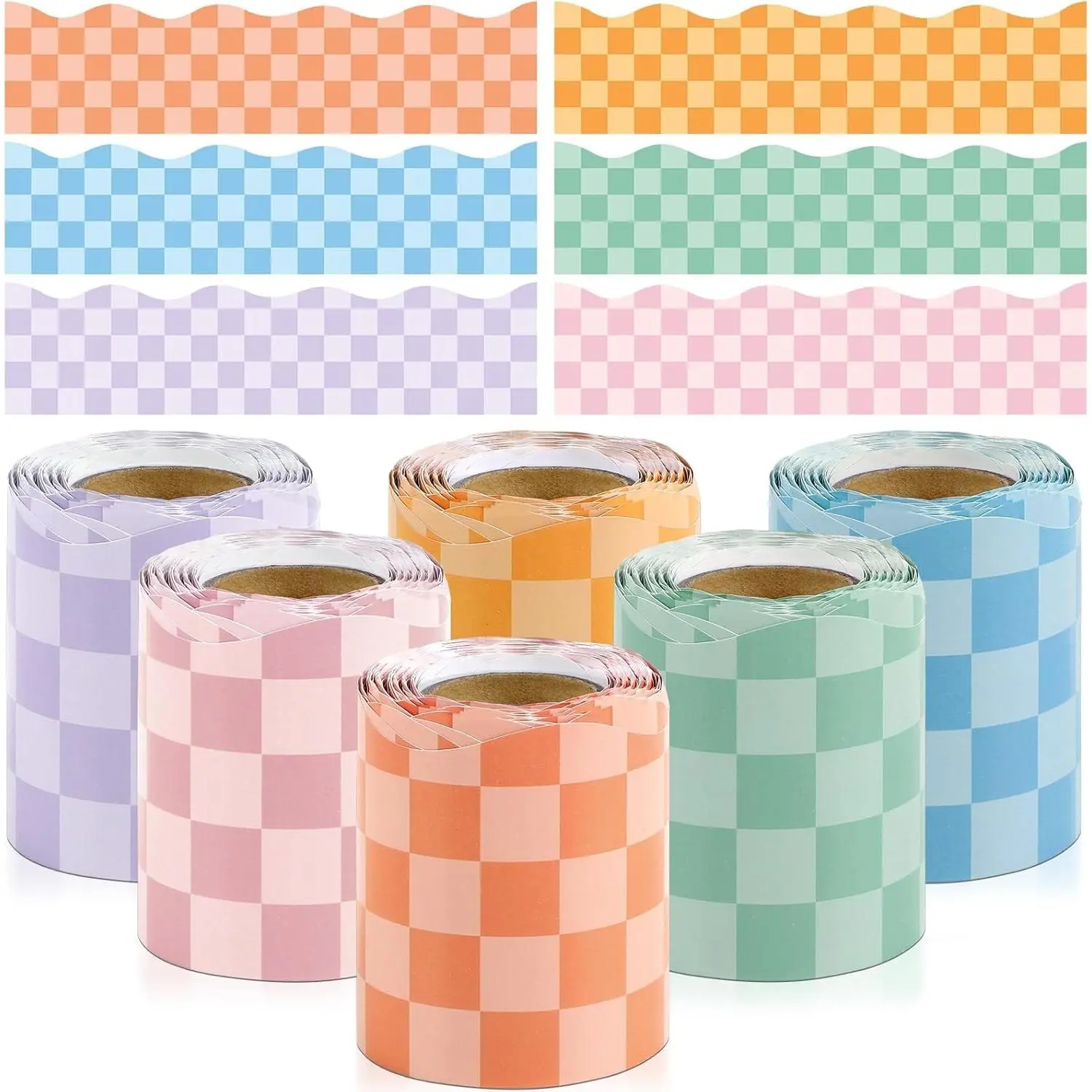 196ft Hippie Groovy Bulletin Board Borders 6 Rolls Retro Pink Blue Orange Purple Green Checkered Classroom Bulletin Board Decorations for Back to School Party Office Chalkboard Decor Supplies