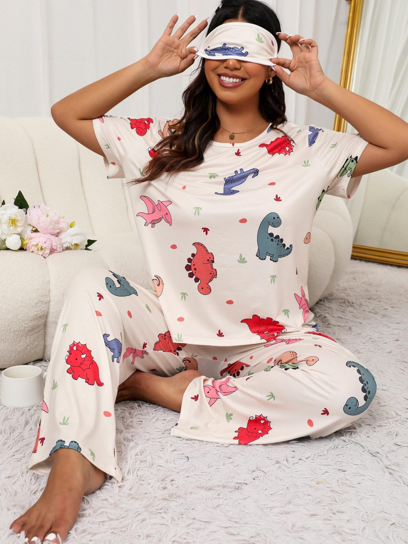 Plus Size Two-Piece Set Cartoon Dinosaur Print Tee & Elastic Pants & Eye Mask Pyjama Set, Casual Short Sleeve T-shirt & Trousers & Eye Cover, Women's Summer Sleepwear