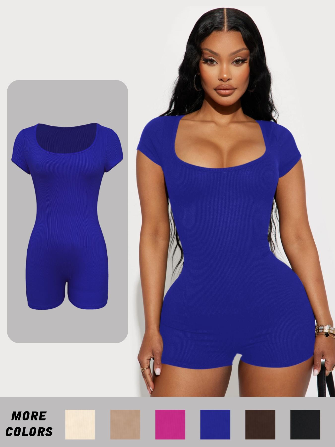 Women's Solid Scoop Neck Skinny Romper, Casual Short Sleeve Bodycon Romper, Lady's Summer Clothes for Daily Wear
