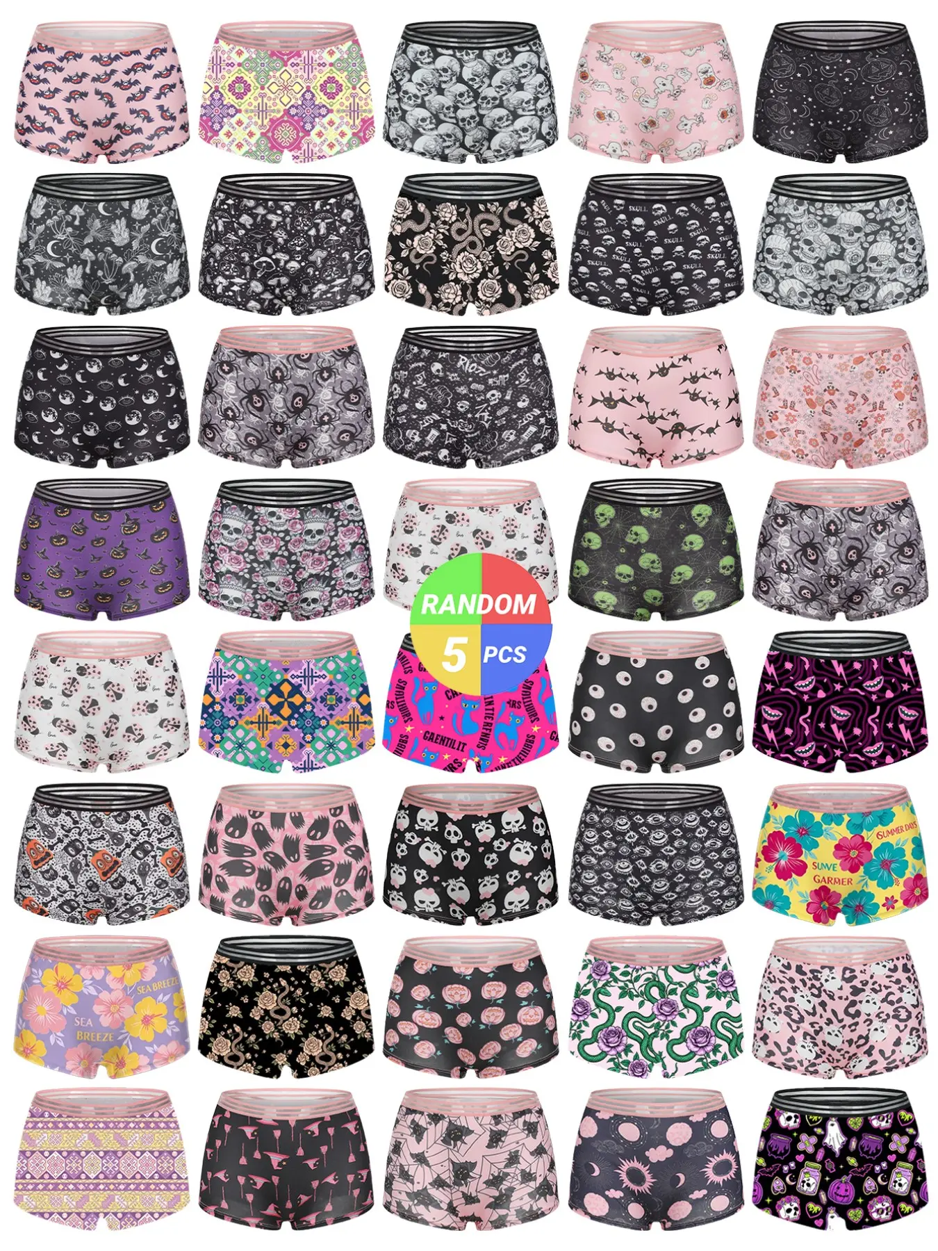 Morvia 5pcs Women's Random Boyshorts Underwear Set, Comfortable Soft Elastic Waistband, Casual Fitted Design, All Season Wear, Random Prints