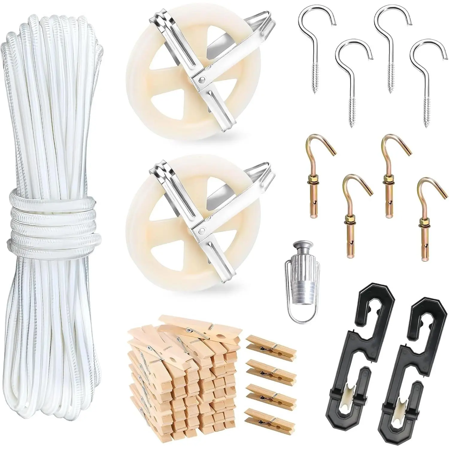 Clothesline Kit Outdoors, Clothes Line Pulley Kit, 164ft Polyester Clothes Line Rope Outdoors Heavy Duty, Clothesline Pulley Kit with S Separator Spreaders, Rope Tightener, Hook for Clothes