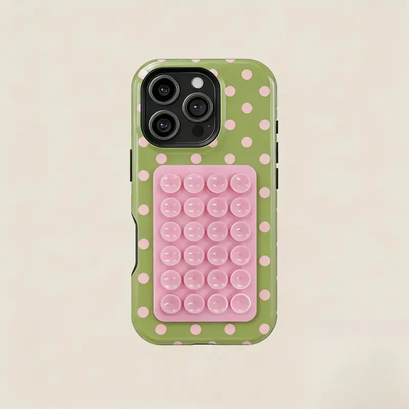 1PC Silicone Suction Phone Case Mount, Olive Green with Pink Polka Dots Phone Case - Phone Case for Iphone & Samsung, Aesthetic Style for iPhone 17 ProMax Case