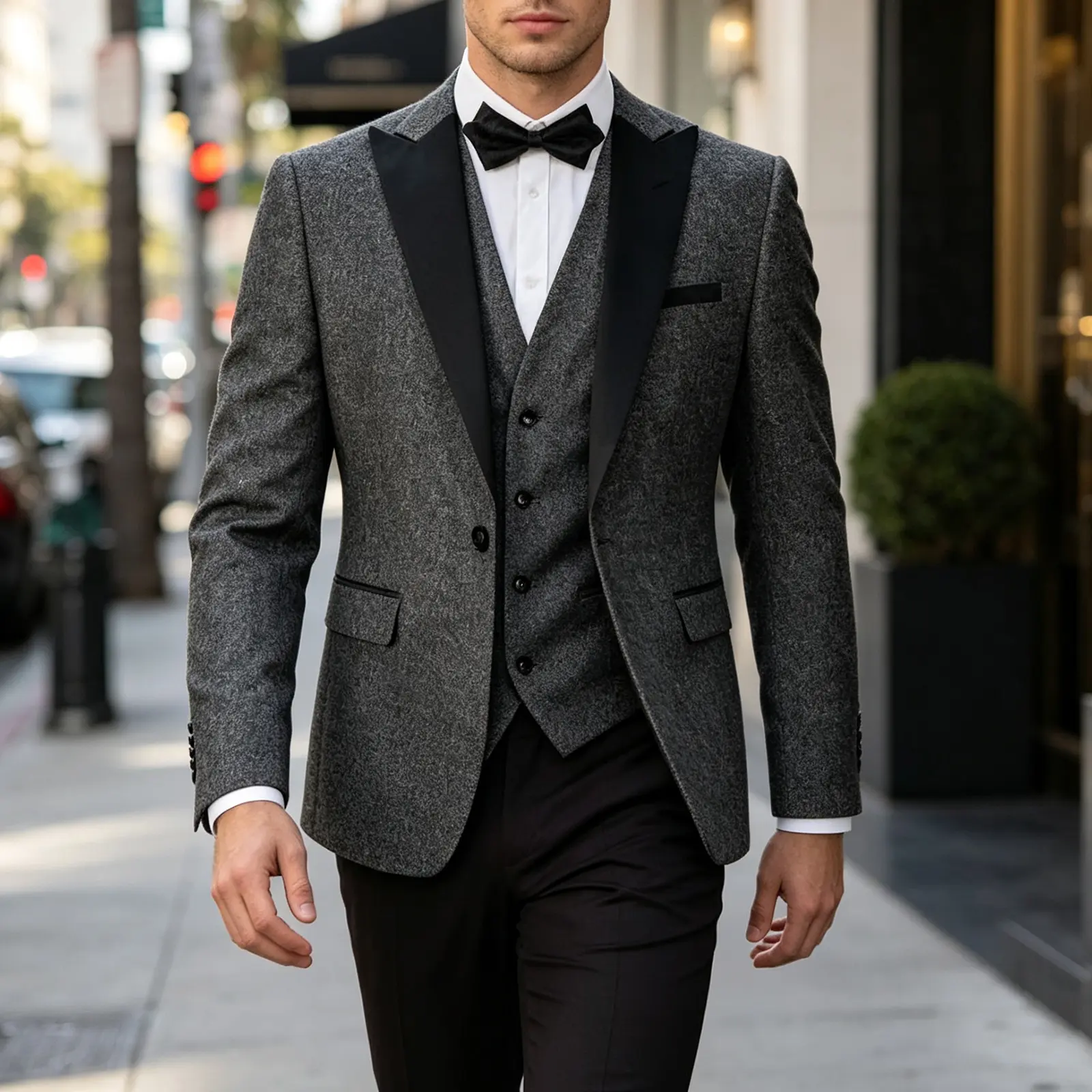 Men's Gray 3-Piece Tuxedo Set - Slim Fit Polyester Blazer with Black Shawl Lapel, Chic Vest with Buttons, Split Pants for Wedding, Prom - Formal Wear, M Size, Basics, Dry Cleaning, Hand Wash