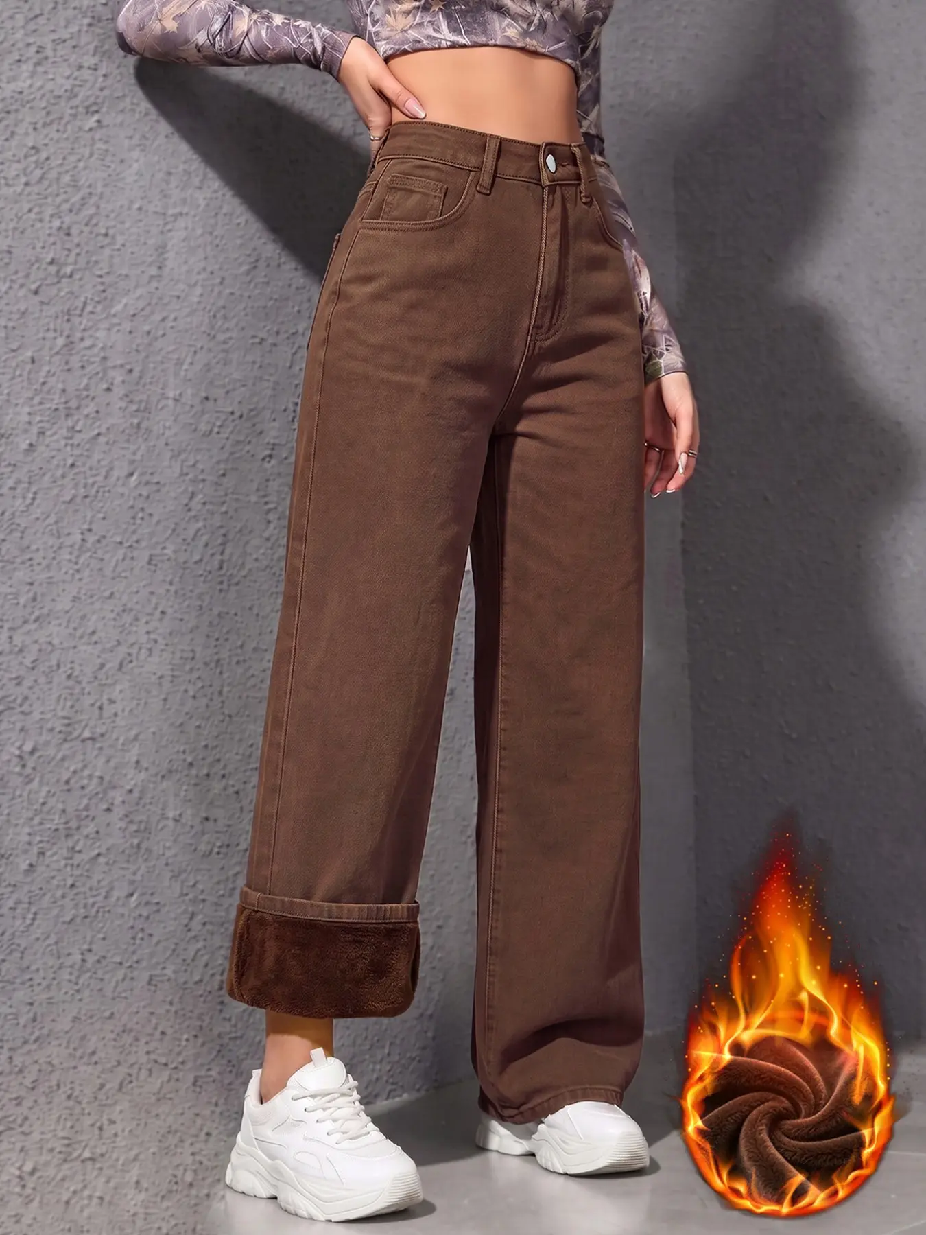Women's Fall Winter Fleece Lined Thick Jeans, 2026 New Warm Loose Straight Leg Pants, Casual Floor-Length Denim for All Seasons
