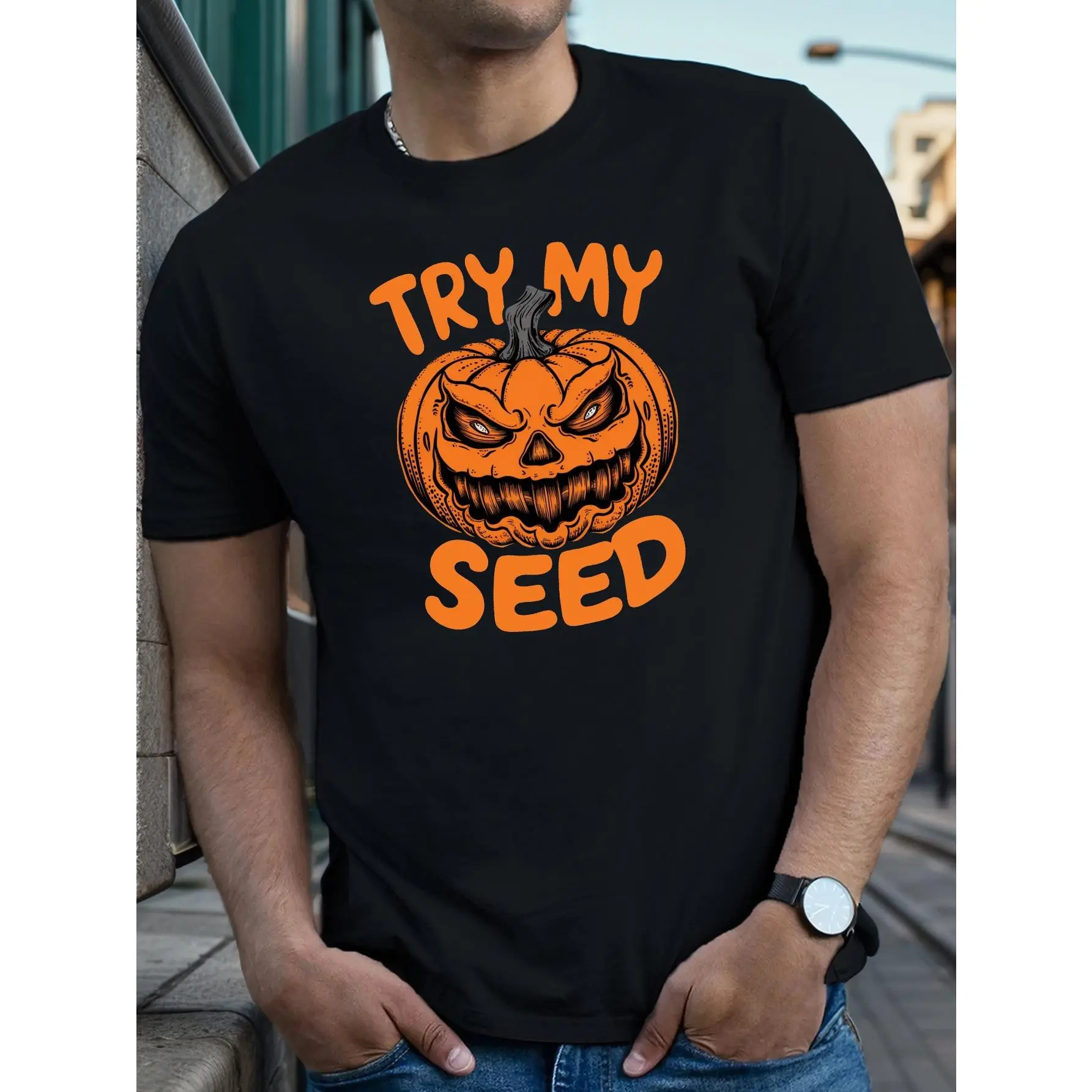 Jack O Lantern TRY MY SEED Print Tee Shirt, Tees for Men, Casual Short Sleeve T-Shirt for Summer