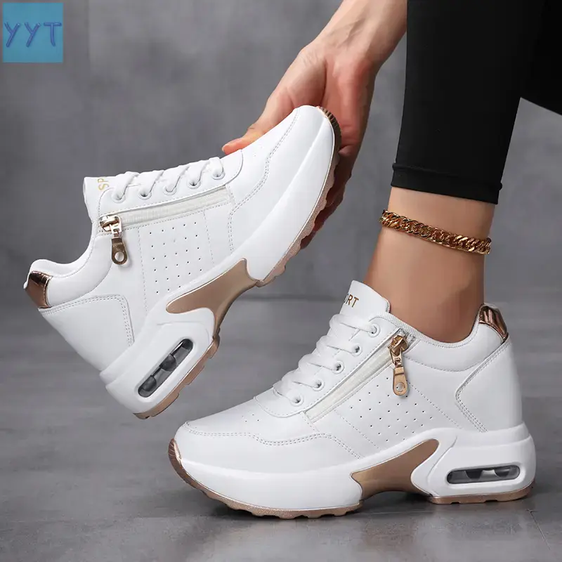 YYT1  Women's White Low-Top Athletic Sneakers - 2026 JH.1012 Shoes Women with Zipper, Non-, Waterproof, Wear-Resistant, Comfortable, Breathable, Thick-Soled Height-Increasing Platform Daily Fashion, Women's Sneakers