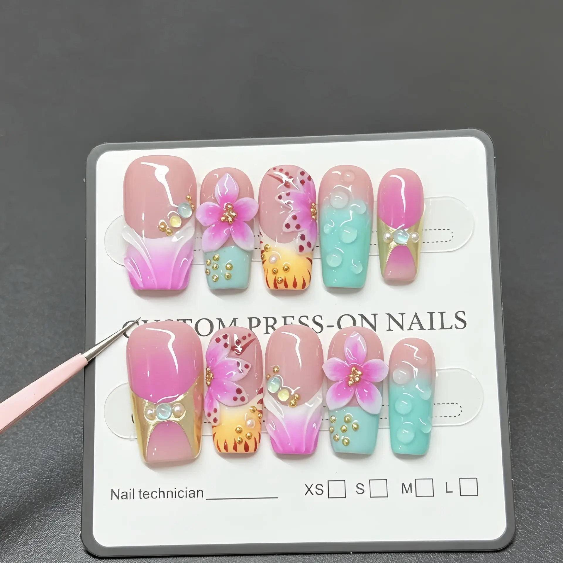 Atelier Handmade Tropical 3D Flower Water Drop Pearl Gold Bead Rhinestone Medium Square Press On Nails Pink Mint Gradient Ombre Glossy Cottagecore Coquette Y2K Reusable False Nails For Beach Vacation Picnic Daily Dating