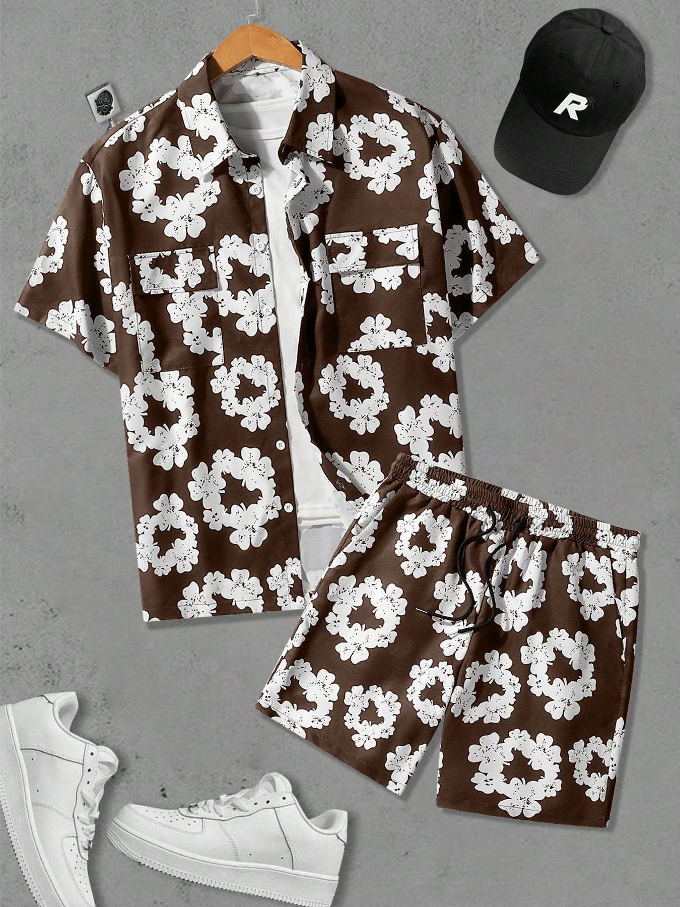 Men's Floral Print Shortsleeve Top & Shorts Two-piece Set, Regular Fit Casual Fashion Cozy Short Sleeve Collared Top & Track Shorts for Daily Outdoor Wear, Menswear for Summer, Tops Shorts Set
