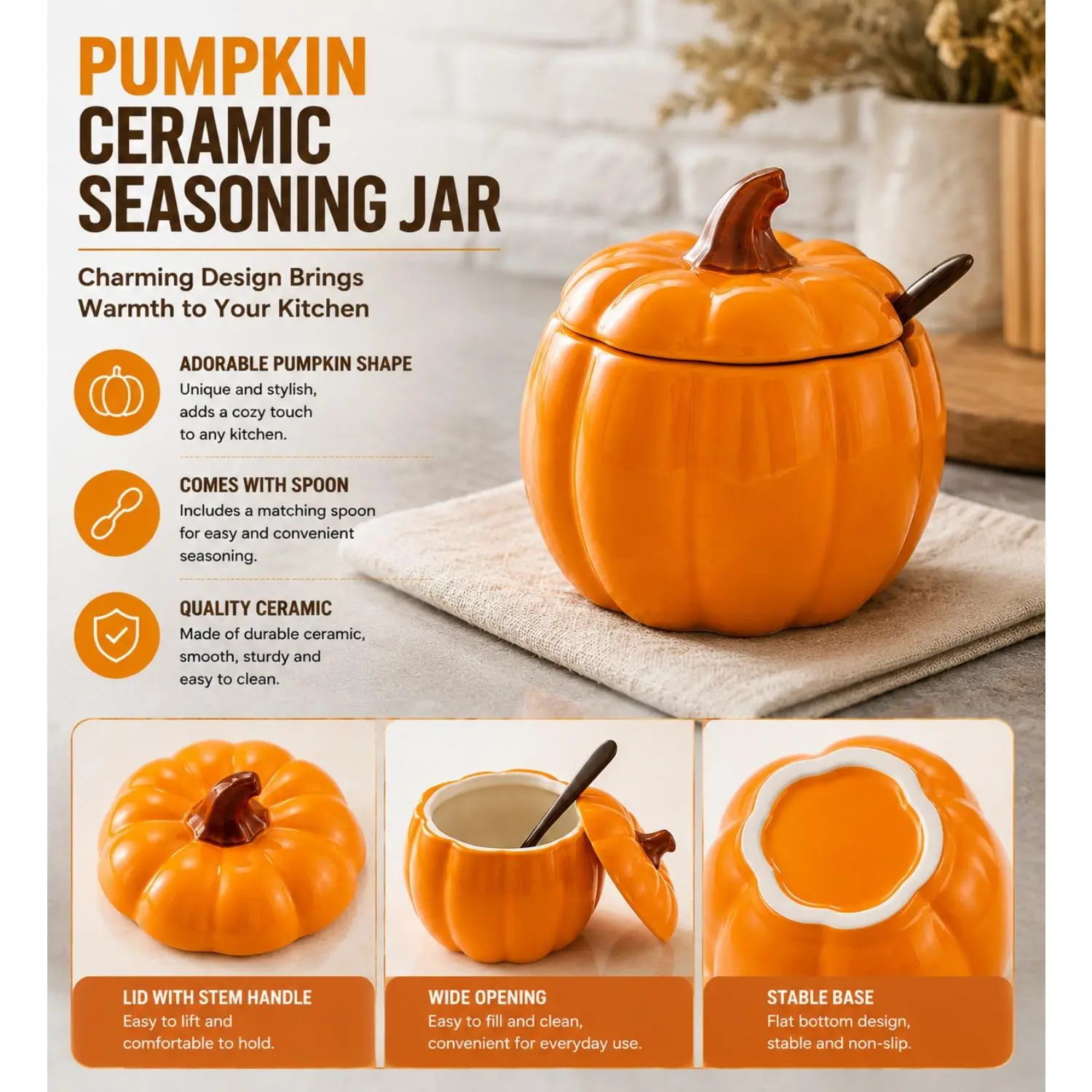 Creative Single Pumpkin Ceramic Spice Jar, Dust‑proof With Lid and Spoon, Countertop Condiment Container, Halloween Home Decor Ceramic Storage Pot
