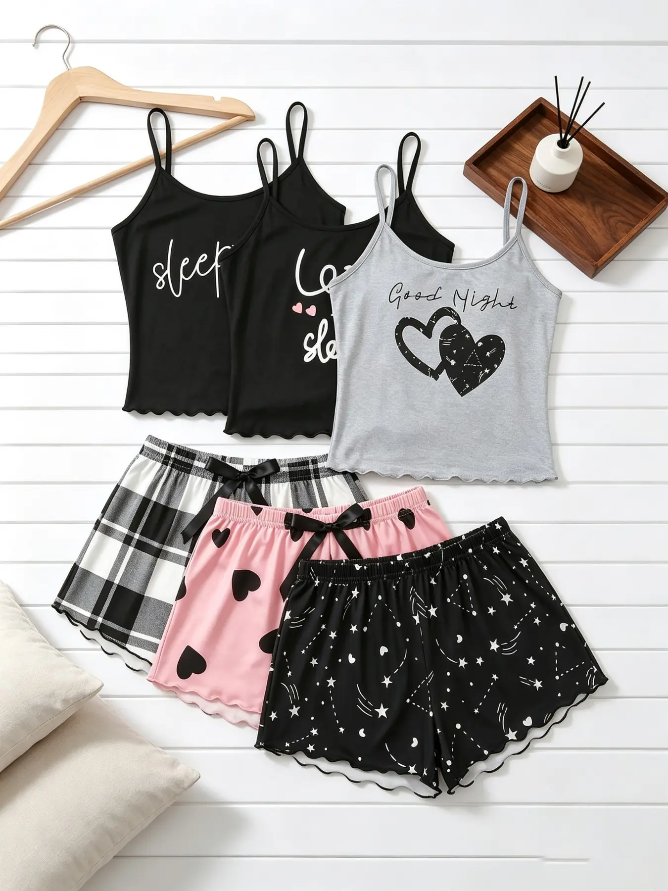 Women's Sleepwear 6 Pack Value Matching Set Plaid Heart Star Letter Print Summer Spaghetti Strap Lettuce Ruffle Hem Contrast Trim Soft Breathable Lightweight Stretchy Cami Top Shorts Home Lounge Casual Daily Wear Multipack Sleep Set Camisole Sets