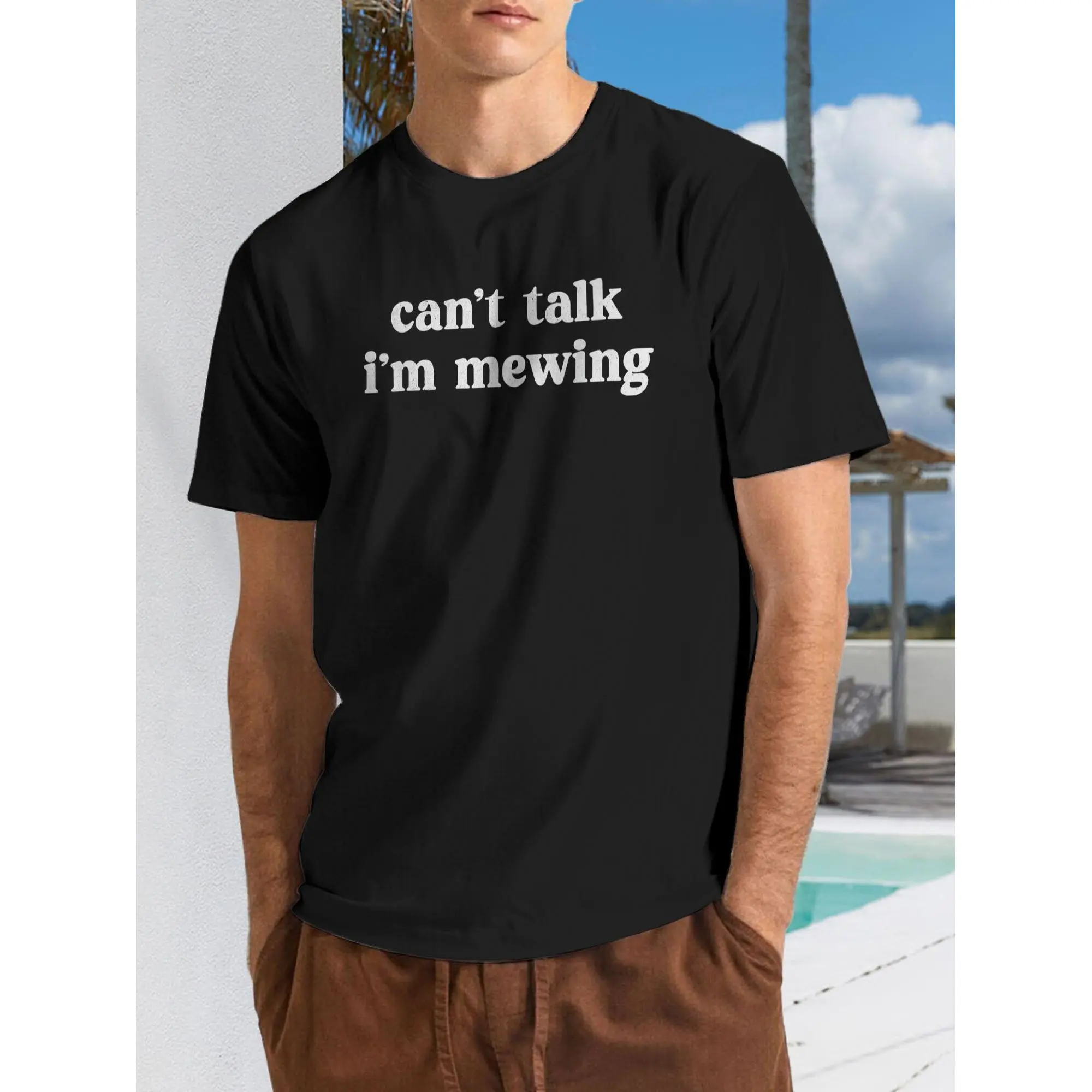 Men' "Can't Talk I'm Mewing" Funny Sarcastic T-Shirt - Retro Loose Fit Vintage Tee with Mewing Quote, Humorous Meowing, Casual Round Neck Shirt Suitable for Year-Round Wear & Meme Apparel