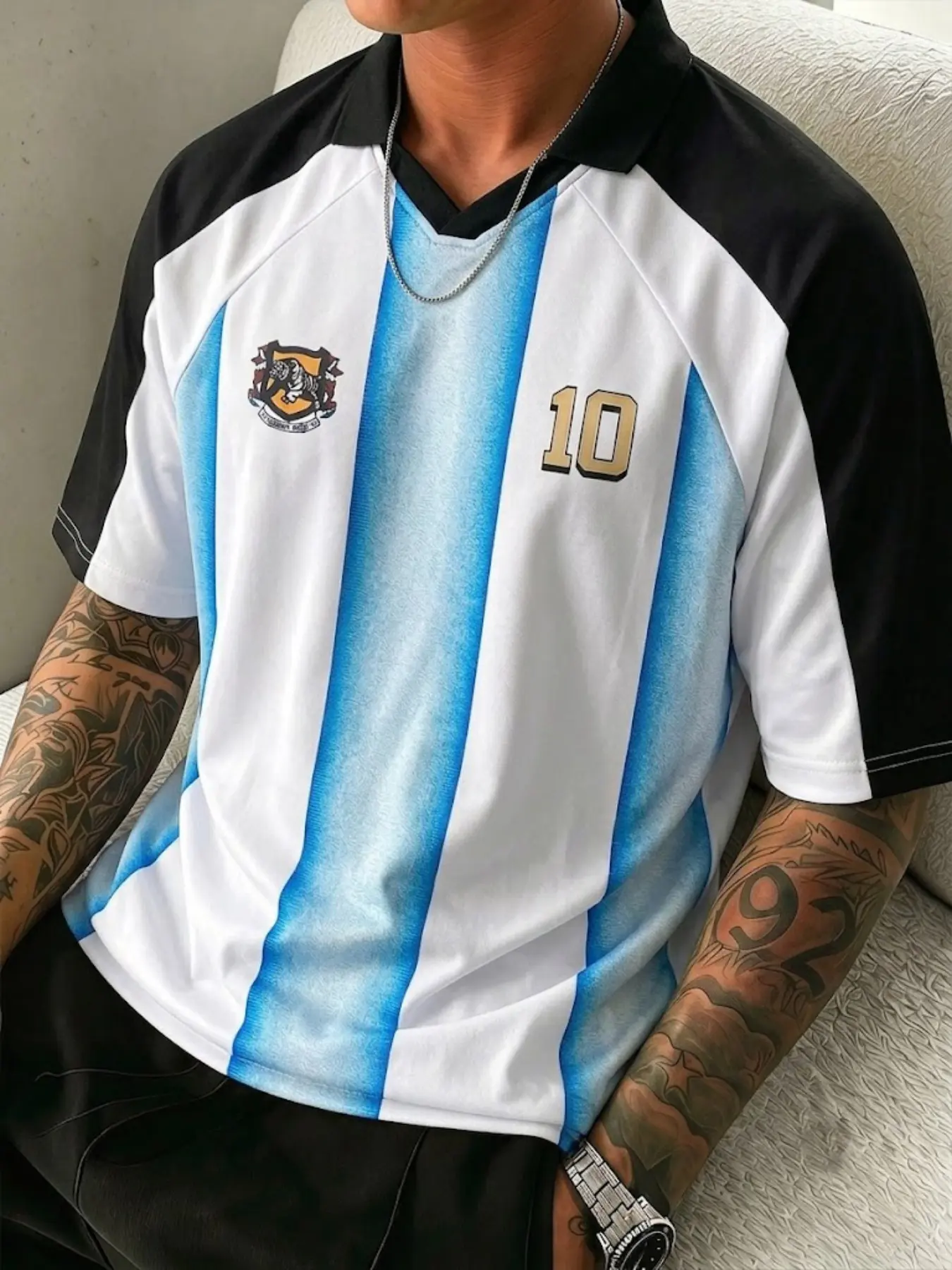 Men's Blue Striped Soccer Jersey, Colorblock Collar Loose Fit Short Sleeve, Fan Casual Sport T-Shirt, All Seasons