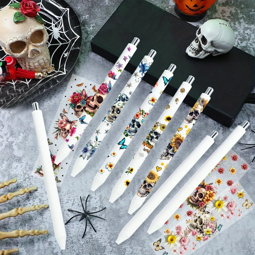Elegant Gothic Skull UV DTF Pen Wraps & Decorative Pen Set (16pcs/32pcs) - UV DTF Wraps, Goth Lovers' Fashion Accessory Charm, Halloween Office Supplies, Decorative Pens