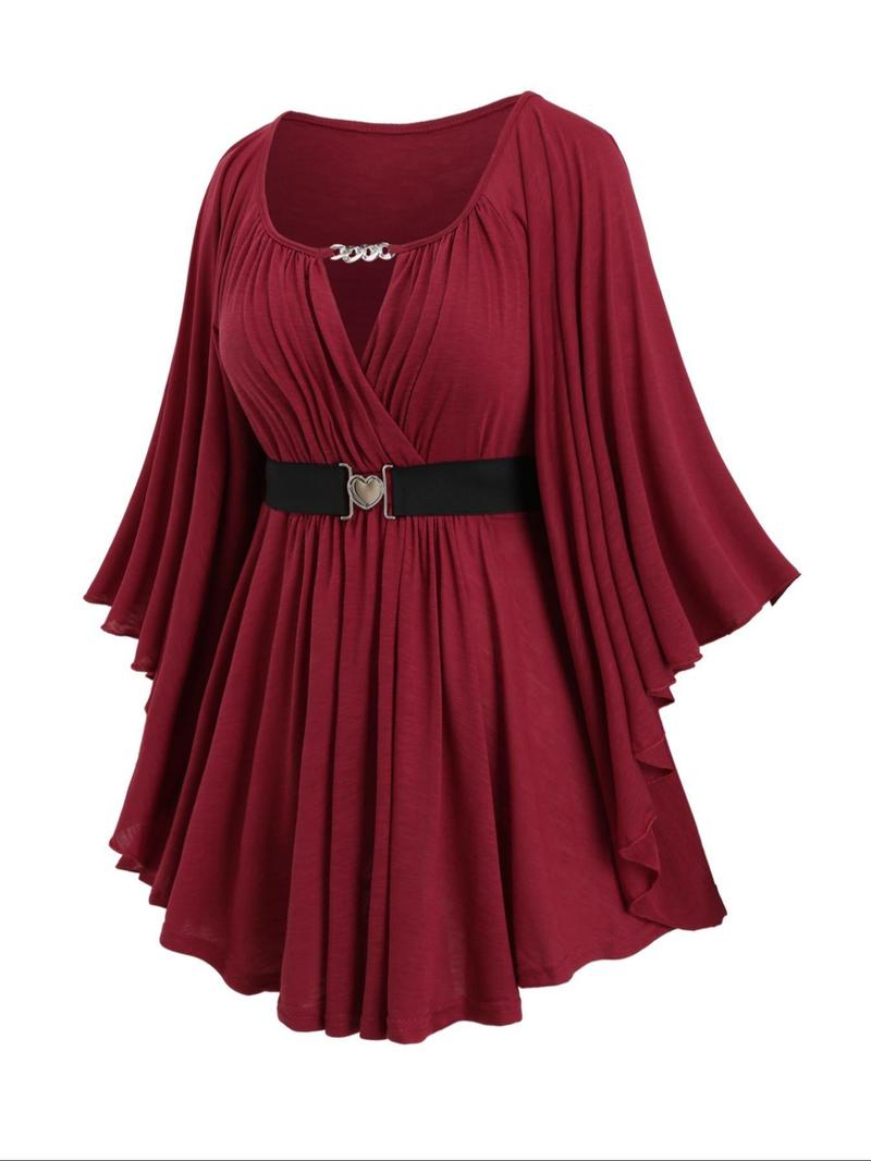 【Plus Size】 Solid Color Cut Out Belted Wrap Tee, Casual Flounce Sleeve Pleated Hem T-shirt for Fall & Winter, Women's Clothes for Daily Wear