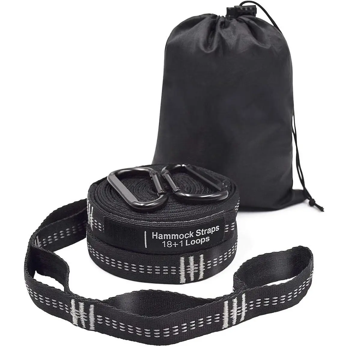 Hammock Straps XL, Camping Hammock Tree Straps Set (2 Straps, 2 Carabiners, Carrying Bag), 20 ft Long Combined, 36 Loops, Must Have Accessories & Gear (Black with White Stitching)
