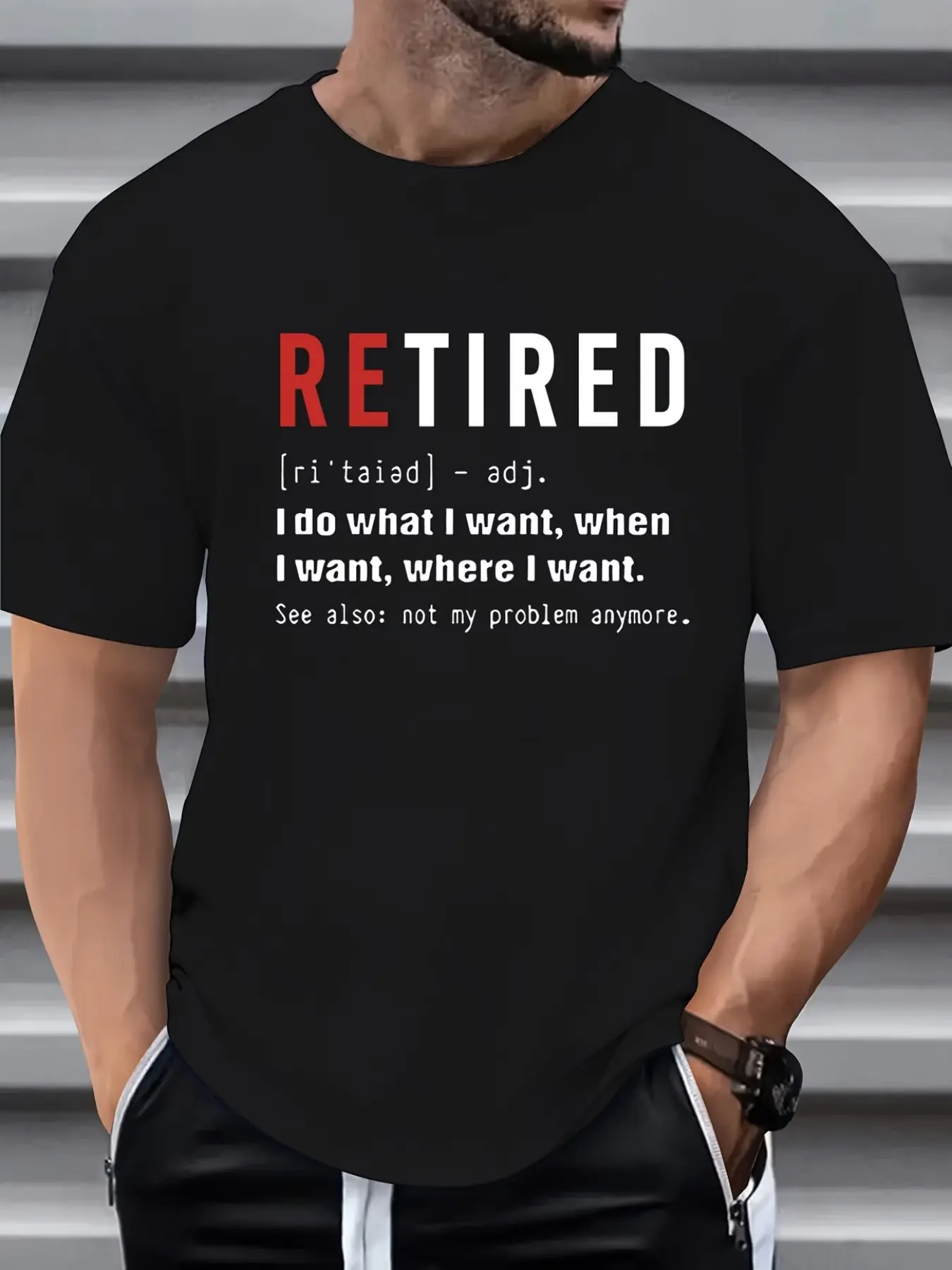 Retired Fun English Print Short Sleeve Men's T-Shirt, Casual Fitted Crop Top, Washed Design, Perfect Retirement Gift