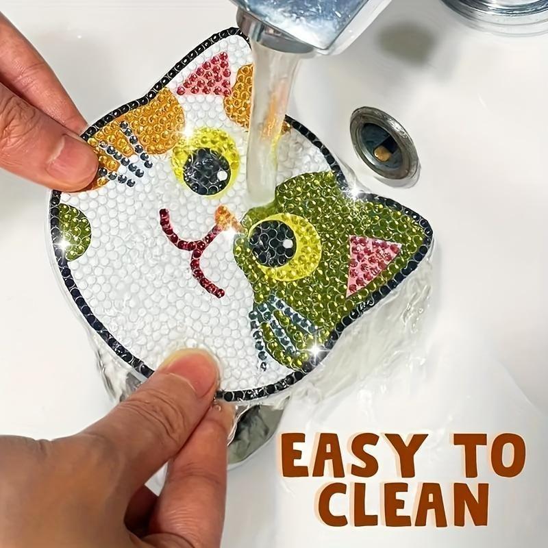 Cat-Themed Diamond Art Painting Coasters With Wooden Base, Diy Craft Kit For Beginners And Adults, Non-Slip Drink Pads For Home Table Decor, Ideal Handmade Gift And Daily Tabletop Accessory