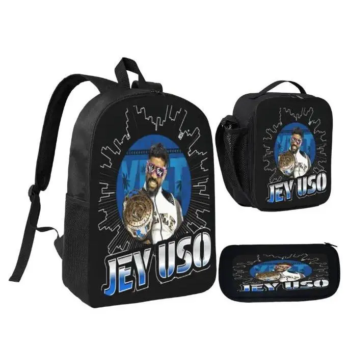 3 In 1 Jey Uso Wrestling Backpack Set, WWE Superstar Print School Backpack with Insulated Lunch Bag & Pencil Case, Large Capacity Back To School Bag for Teens Boys Wrestling Fans