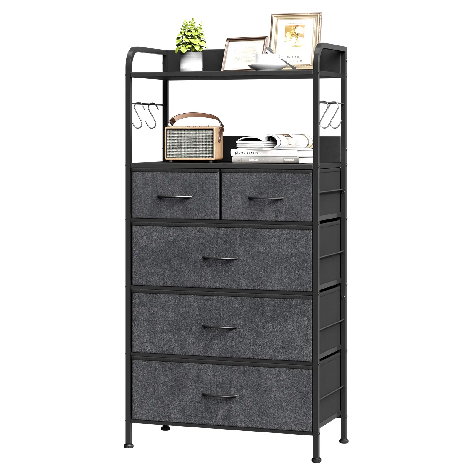 5-Drawer Fabric Dresser with 2 Open Shelves, Slim Tall Storage Tower with Metal Frame, 4 Side Hooks, Anti-Tip Kit, Adjustable Feet, Easy-Clean Wood Top, Bedroom Closet Nursery Organizer for Clothes, Socks, Bags, Small Spaces, Multiple Finishes
