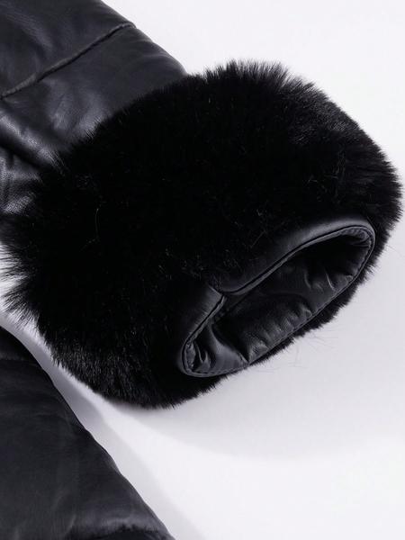 Women's Winter Long Hooded PU Cotton Coat, Elegant Fitted Warm Jacket with Belt, Vintage Plush Patchwork, Fall & Winter Outerwear