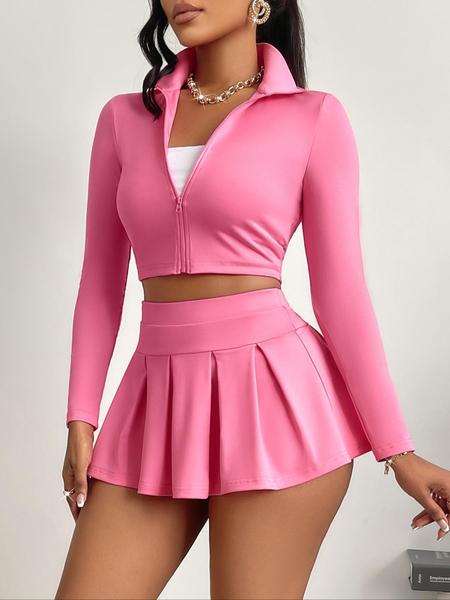 Aliling Casual Women's Two-Piece Set, Spring & Fall Long Sleeve Zipper Crop Top, High Waist Short Pleated Skirt, Slim-Fitting Crop Top and Skirt