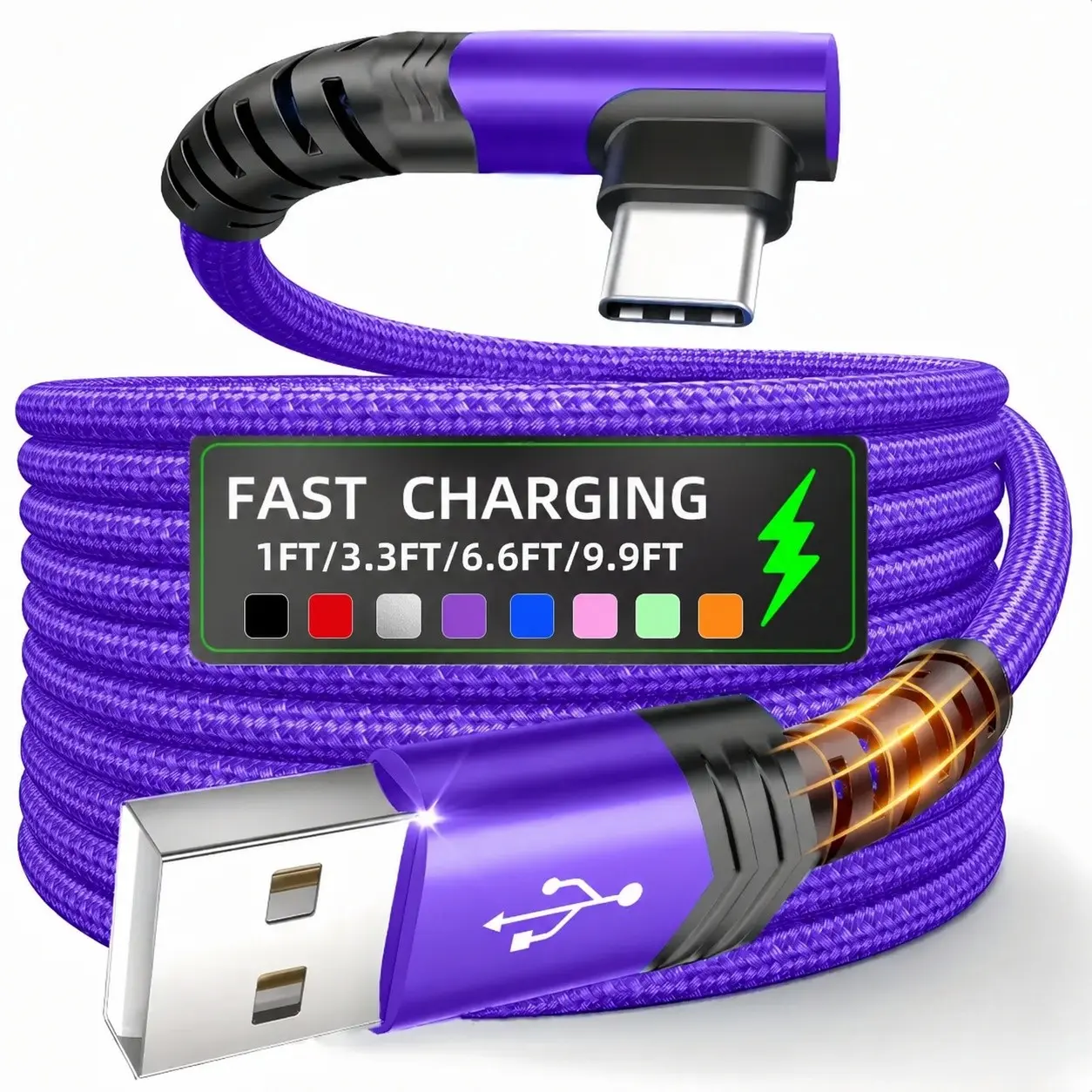 USB C Cable 90 Degrees, USB a to USB C Right Angle Nylon Braided Type-C Charger, Fast Charging, Compatible with Samsung, Iphone,Huawei, Oppo, Oneplus and More Smartphone