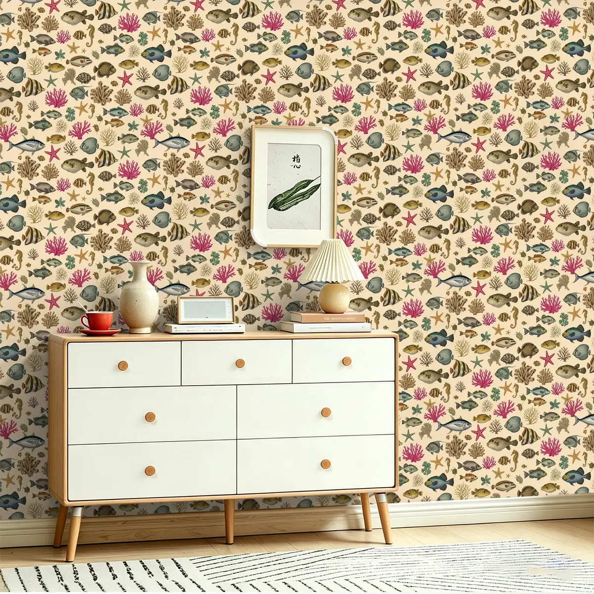 1 Roll Peel & Stick PVC Wallpaper,Retro color ocean fish school pattern, Peel & stick removable wall decal, fine clear print covers wall cracks, decor sticker for dining room, bar and all indoor furniture