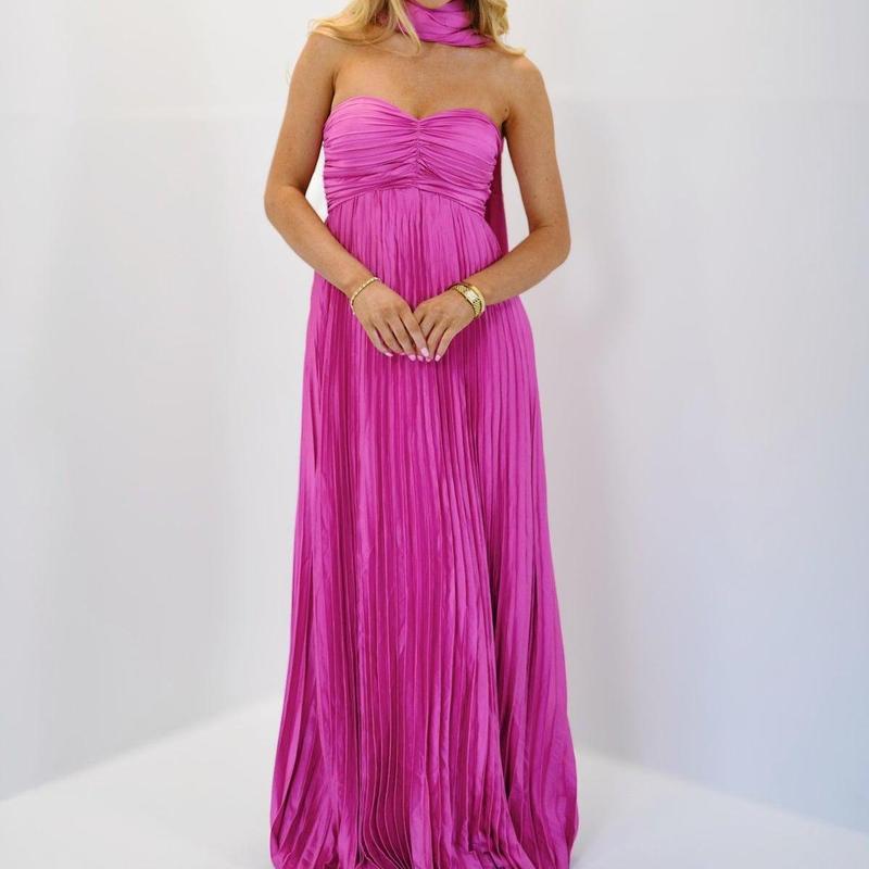 Women Long Dress Solid Color Pleated Tube Dress Summer Fashion Backless Casual Strapless Dress with Choker Scarf Light Polyester