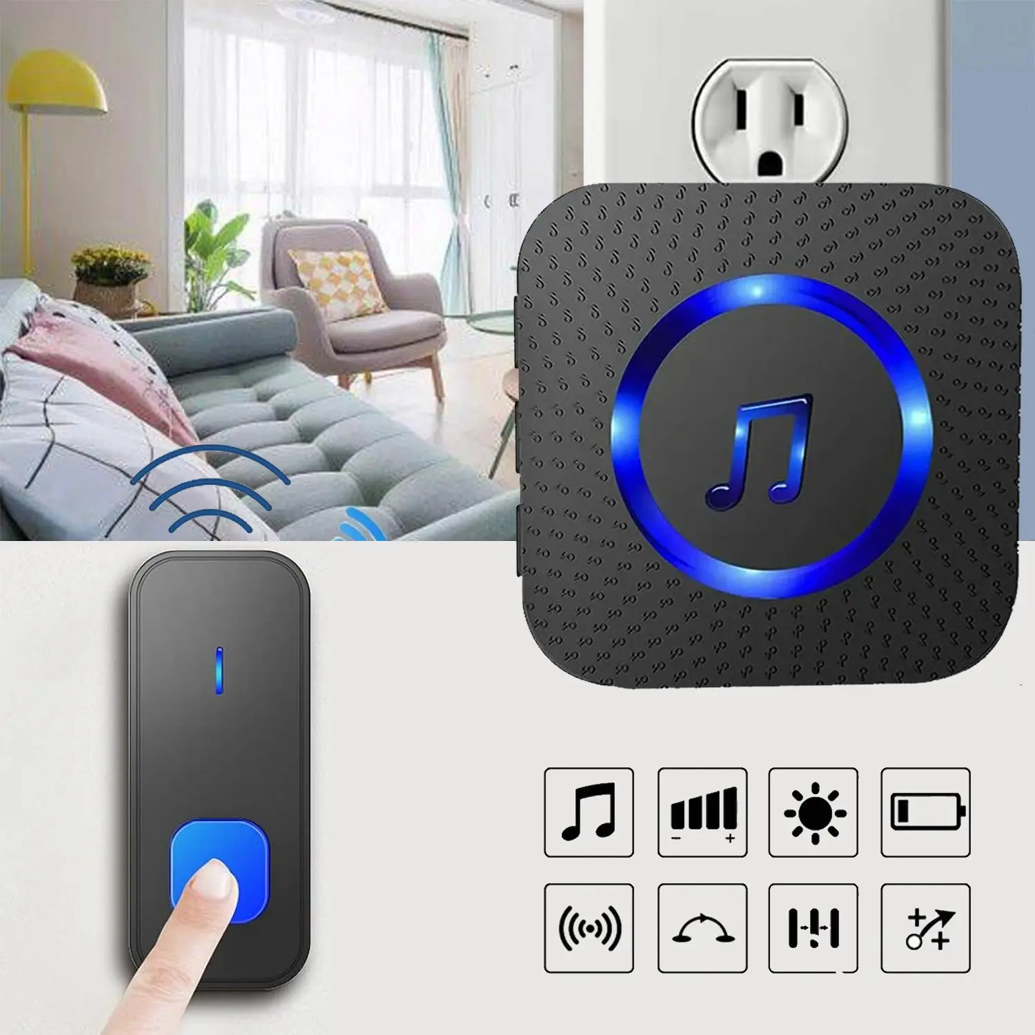 Wireless Doorbell, Ip55 Waterproof, Us Plug, 52 Ringtones, 5 Volume Levels, LED Flash, Easy Installation, Suitable for Home, Office, Store