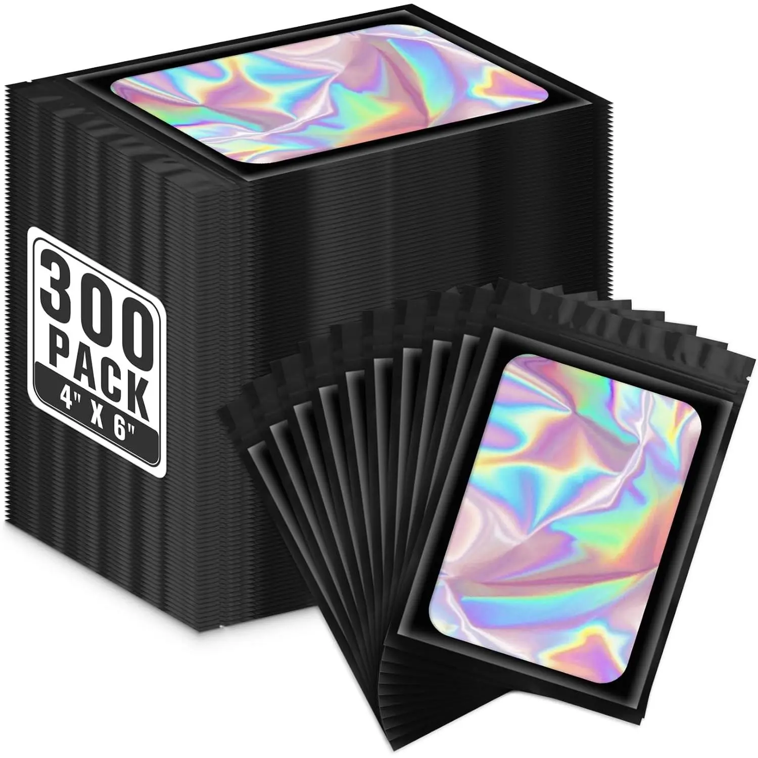 300 Pack Black Holographic Mylar Bags with Clear Window, 4x6 In Smell Proof Packaging Bags for Small Business, Resealable Small Foil Zipper Pouch for Candy Jewelry Goodie Gift & Party Favors