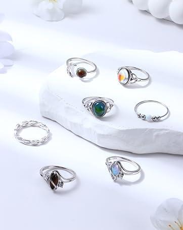 MILACOLATO 925 Sterling Silver Rings for Women Moonstone Ring Rainbow Cubic Zirconia Accents Ring Solitaire Gemstone Statement Rings 18K Plated Gold Silver Rings