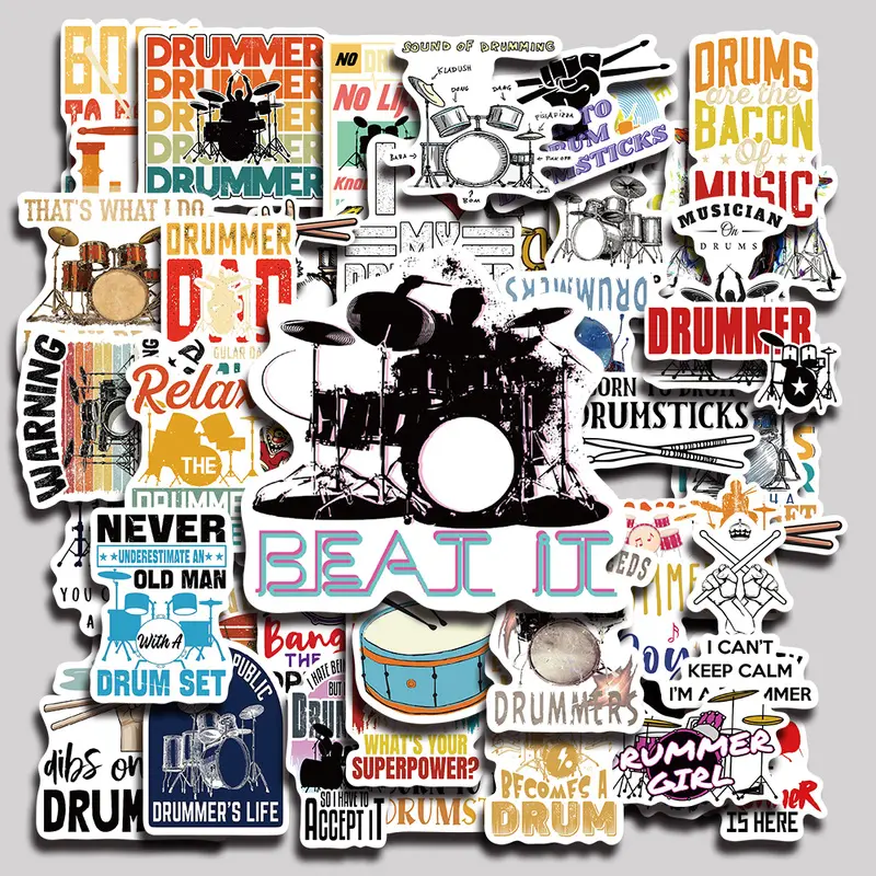 50PCS Drummer Rock Musician Aesthetic Vinyl Stickers Pack for Laptop Water Bottle Phone Case Skateboard Journal Scrapbook DIY Decoration
