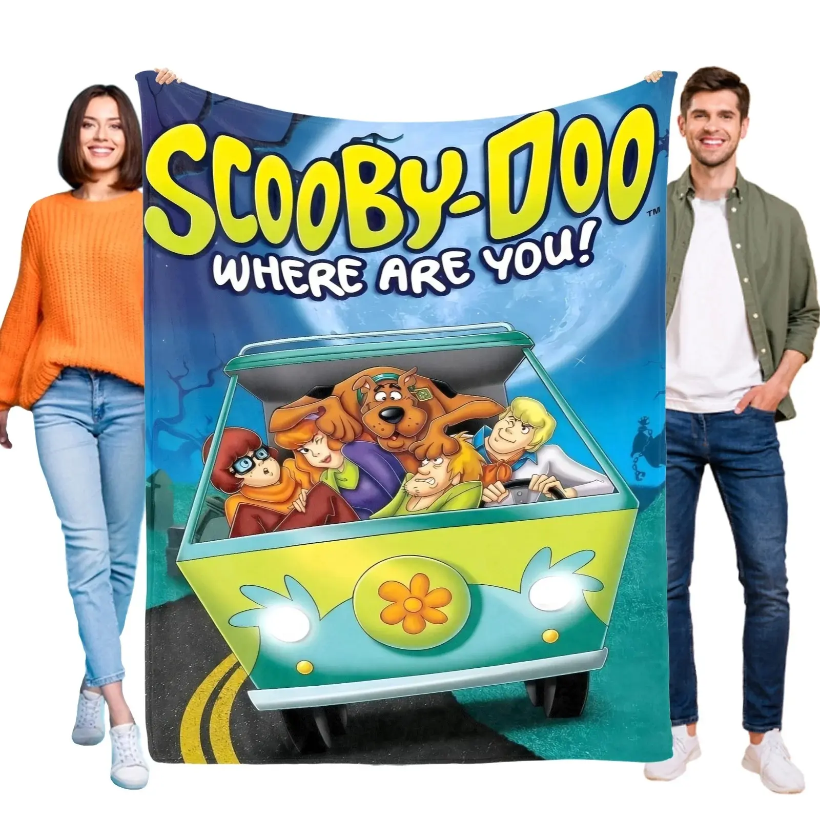 Retro Mystery‑Adventure Van Scene Sherpa Throw Blanket, Spooky Night‑Theme Full‑Print Cozy Fleece Blanket, Nostalgic Decor Gift For Classic Cartoon Lovers
