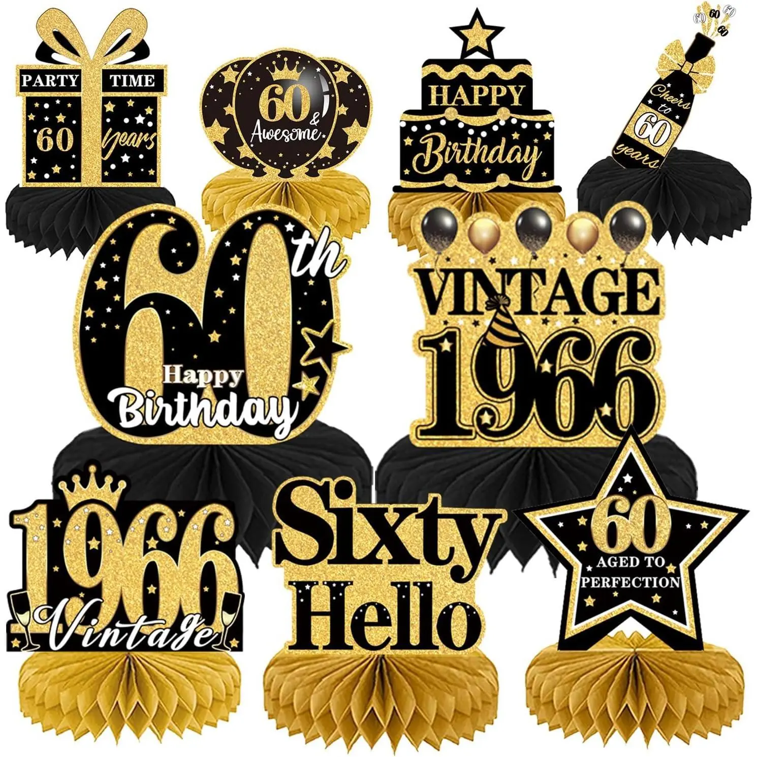 60th Birthday Party Decorations - 9PCS Vintage 60th Birthday Table Decorations for Men Women Black Gold Table Honeycomb Centerpiece Decorations Supplies for Sixty Year Old Birthday Party