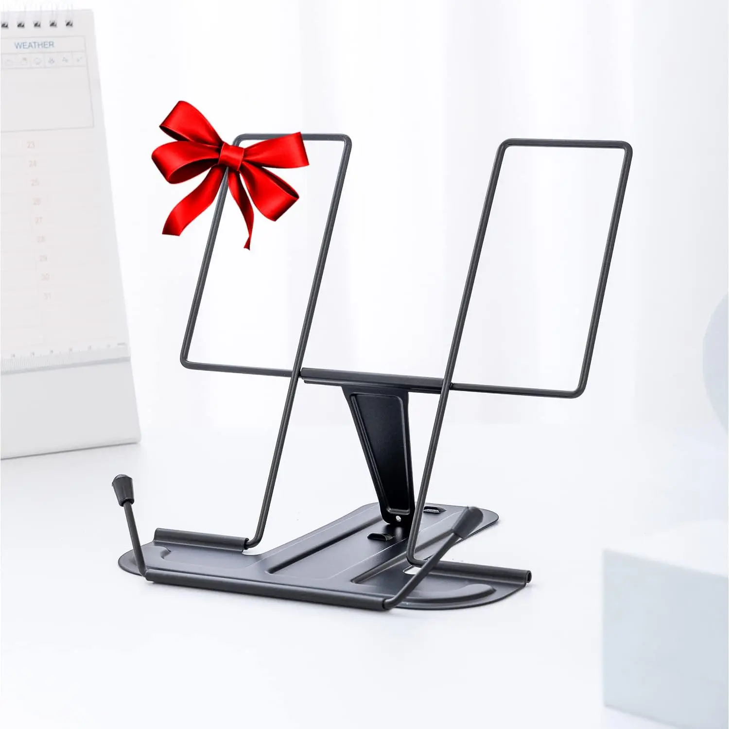 Metal Book Stand for Desk, Adjustable Reading Rest Book Holder, Portable Cookbook Documents Holder, Sturdy Typing Stand for Recipes Textbooks Tablet  Books with Page Clips (Black)