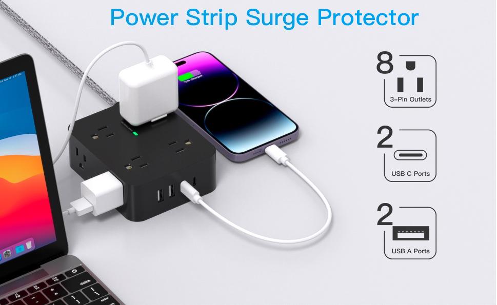 SKIKREMIO Power Strip 8 Outlets 4 USB (2 USB C) 5Ft Braided Extension Cord Flat Plug Wall Mount Charging Station ETL