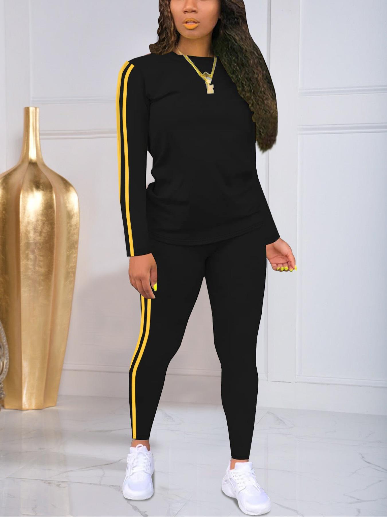 Women's Striped Print Long Sleeve Top & Pants Two-piece Set, Casual Fashion Cozy Round Neck Top & Trousers for Daily Outdoor Wear, Ladies Clothes for Spring