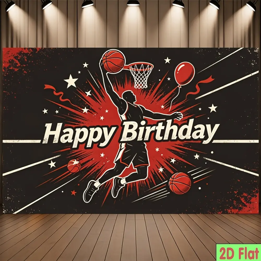 2D Flat Banner HD digitally printed polyester photography backdrop, basketball themed happy birthday background cloth, soft lightweight foldable, suitable for birthday parties, photo booth displays, product photos, portrait shooti