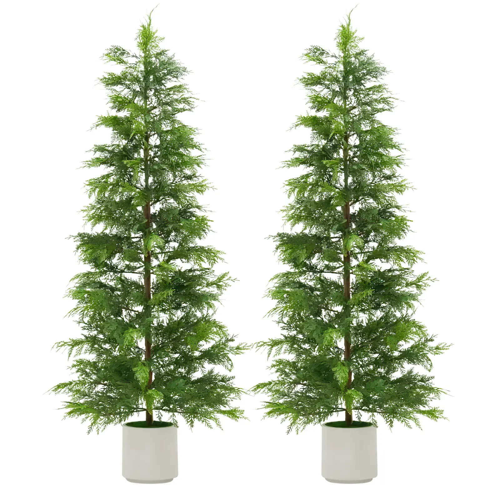 2 Pack 6FT Realistic Artificial Cedar Topiary Trees  – Faux Evergreen Pine – UV Resistant, White Pots, Indoor Outdoor Decorative Plants