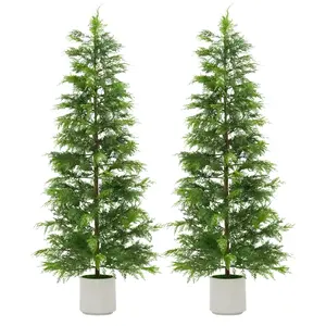 2 Pack 6FT Realistic Artificial Cedar Topiary Trees  – Faux Evergreen Pine – UV Resistant, White Pots, Indoor Outdoor Decorative Plants
