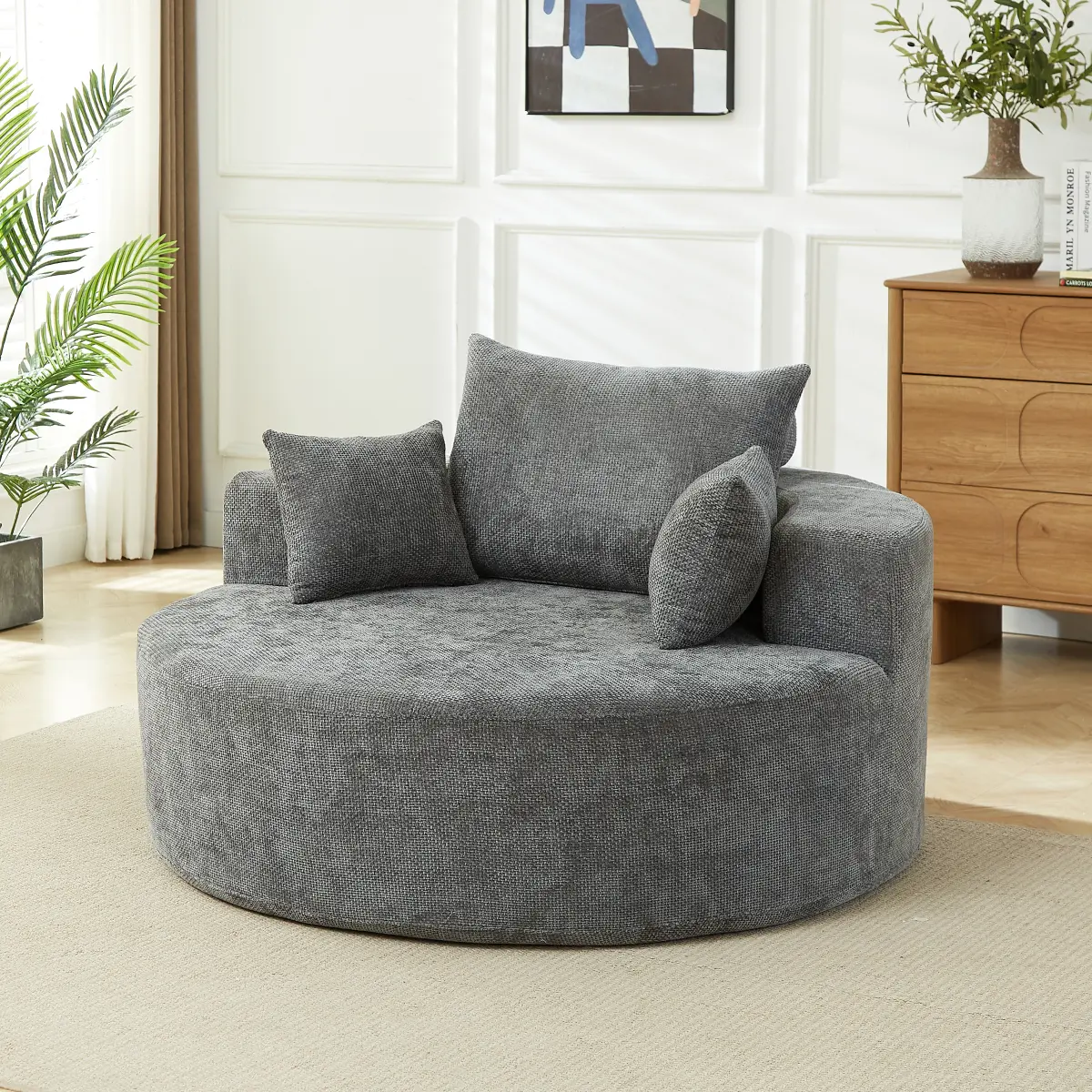 Oversized Round Chaise Longue Chair Indoor, Modern 55-inch Upholstered Waffle Chenille Deep Seat Circle Single Cloud Lounge Floor Sofa Chair for Living Room, Bedroom Apartment, Grey