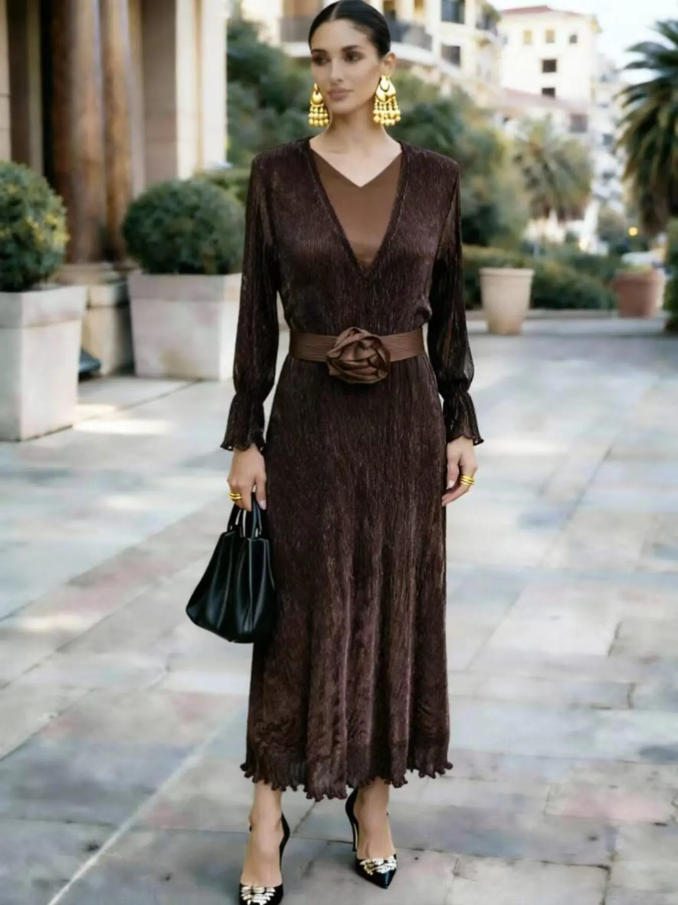 Elegant Emerald Pleated Midi Dress with Ruffled Waistband, V-Neck Long Sleeve Evening Gown for Women, Stylish Party Wear