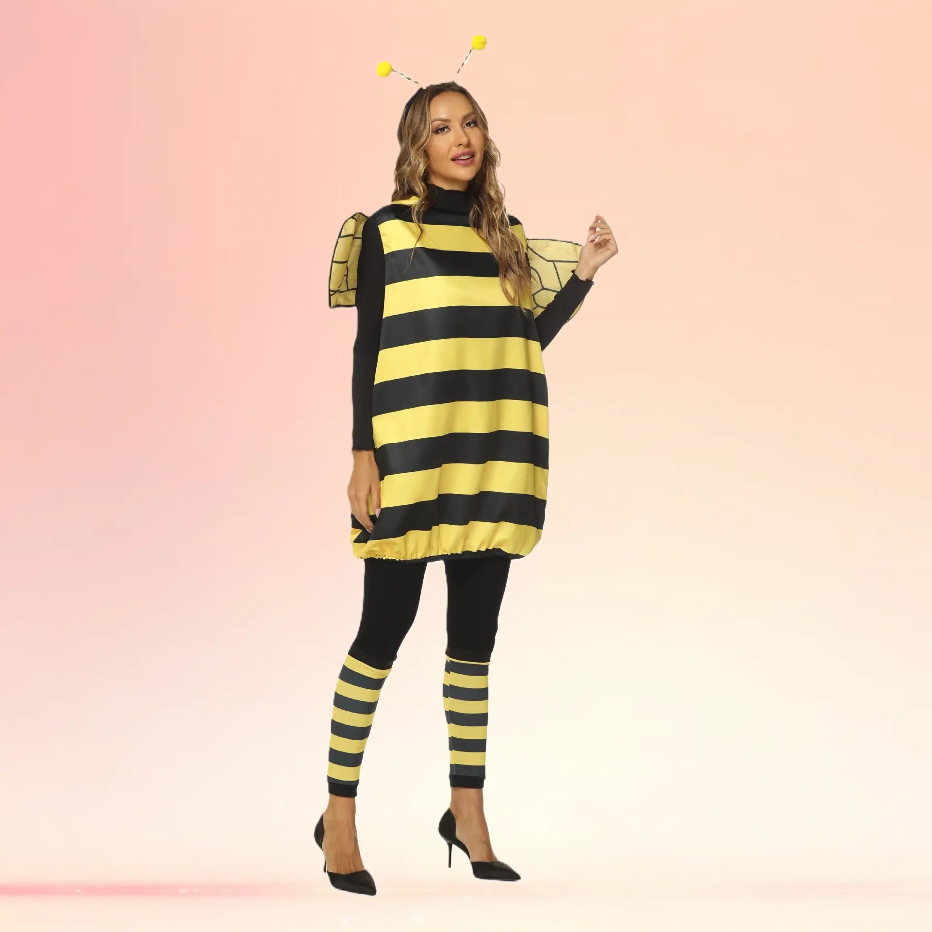 Adult Bee Insect Themed Cosplay Clothes Set, Stylish Fabric Suit with Matching Overall for Halloween Festival Performances, Striped