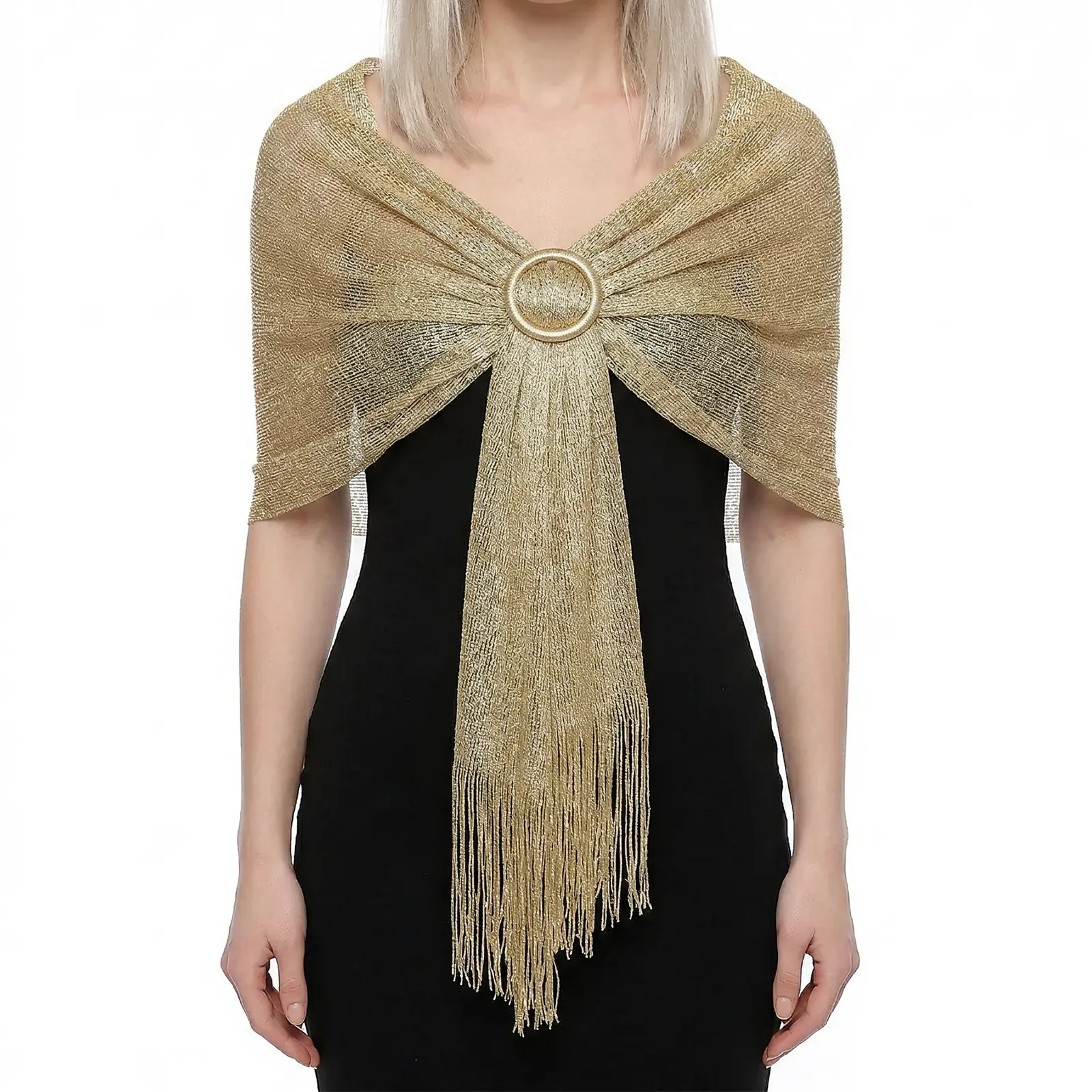 Women's Metallic Thread Shawl Wrap with Elegant Fringe for Holiday Gatherings and Evening Parties