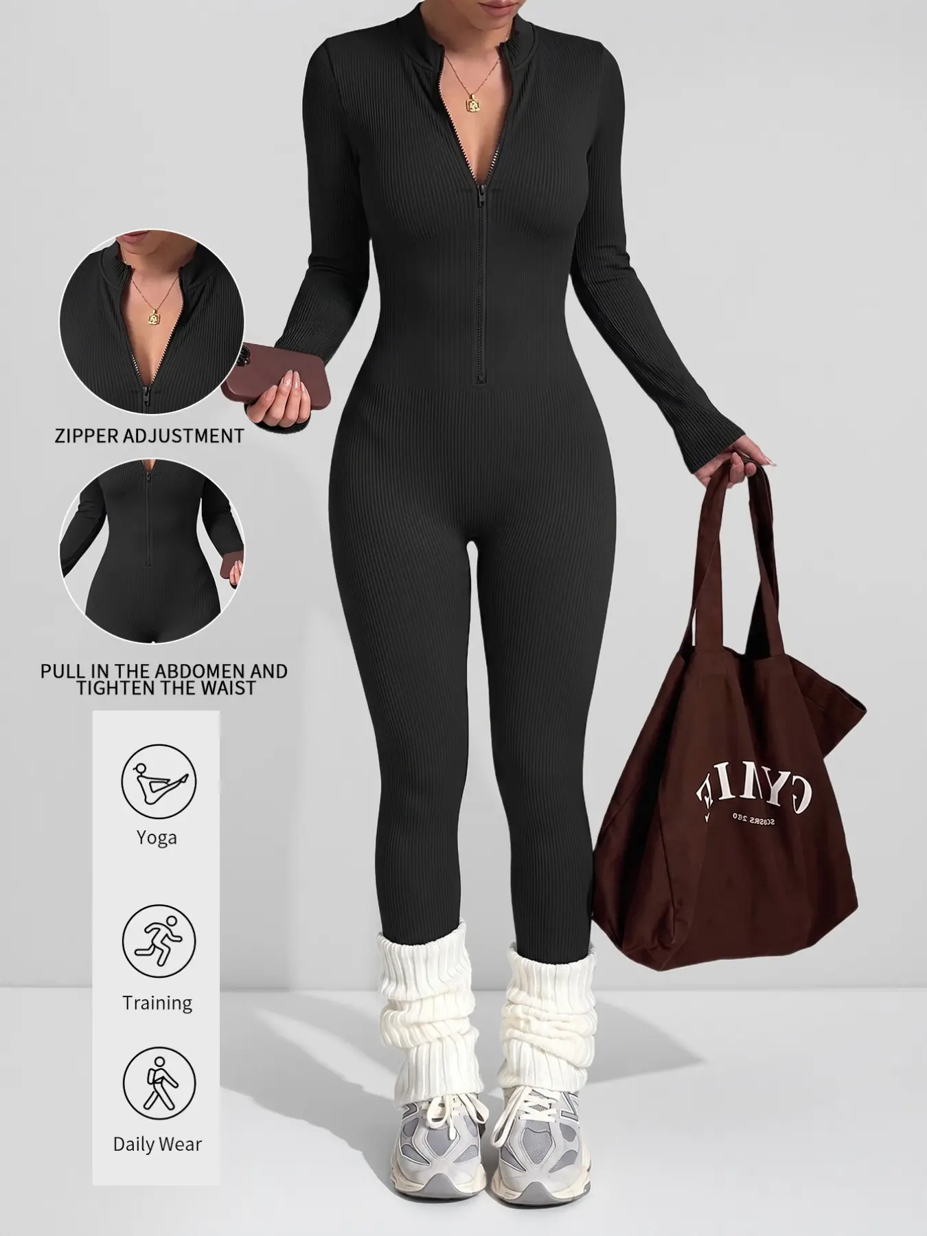 Women's Long Sleeve Zipper Stand Collar Jumpsuit, Athletic Jumpsuit, Waist Cinch Butt Lift Slim Fit, Elastic Sportswear for Fall Winter Fitness Running Outdoor Wear