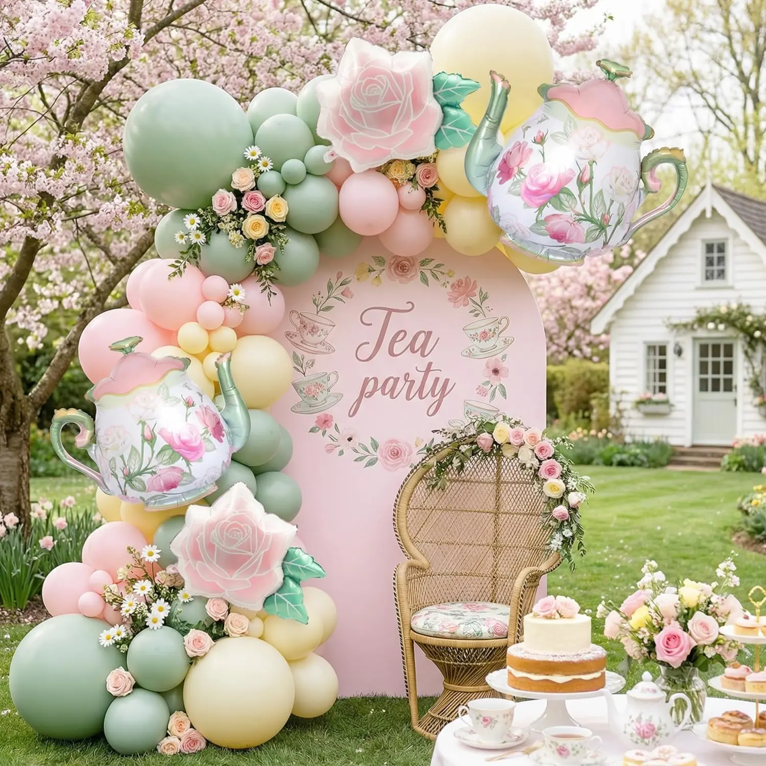 146Pcs Tea Party Balloon Garland Kit with Pink Green Yellow Teapot & Floral Balloons for Tea Party Baby Shower Decorations, Garden Party, Bridal Shower, High Tea, Let’s Partea Decor