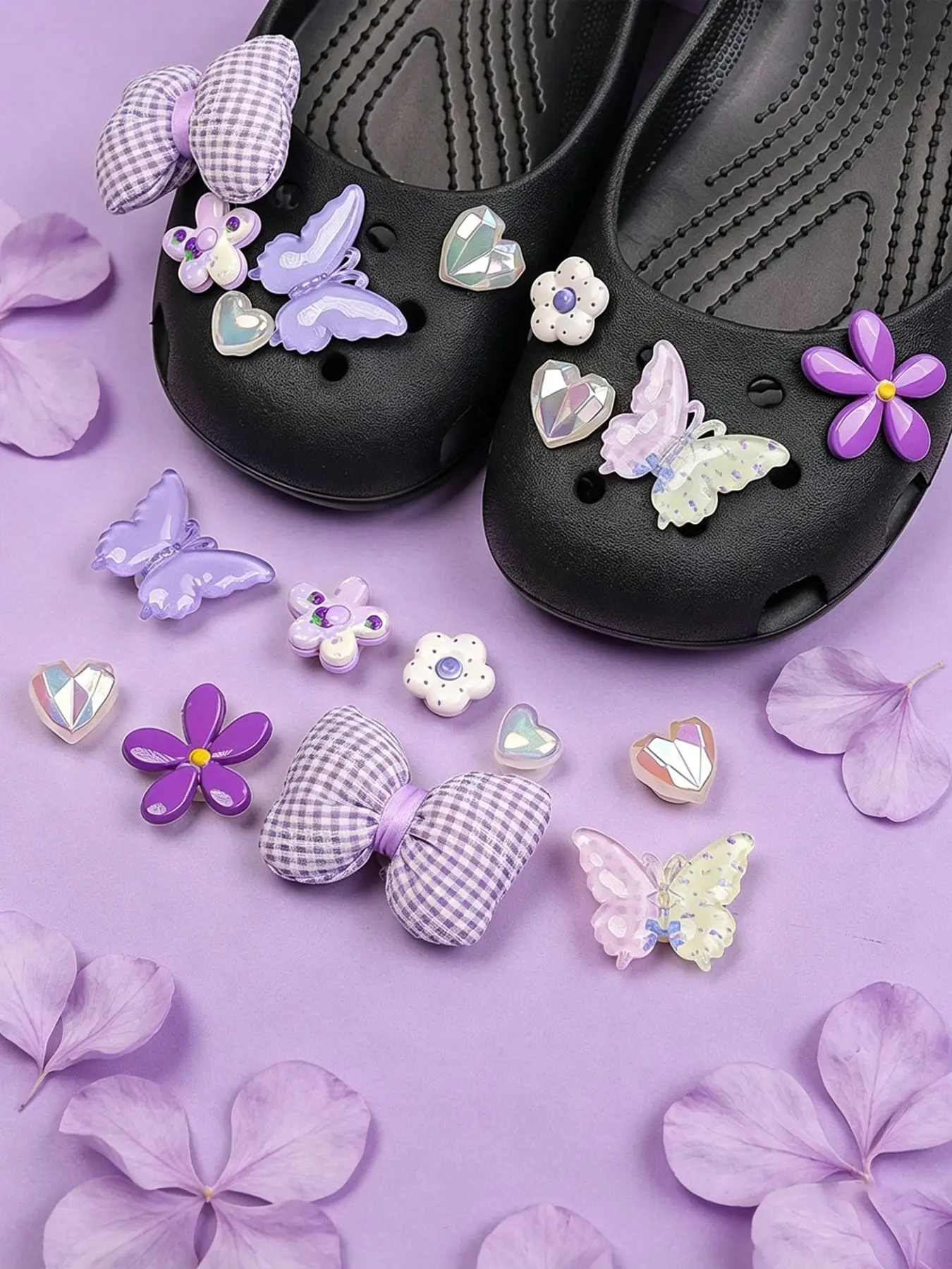 9pcs Lavender Gingham Bow Croc Charms Set, Iridescent Heart Floral Butterfly, Girly DIY Shoe Decorations, Colorful